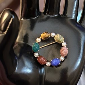 Vintage SIGNED RONCI 12k GF Carved Stone Egyptian Multicolor SCARF PIN BROOCH